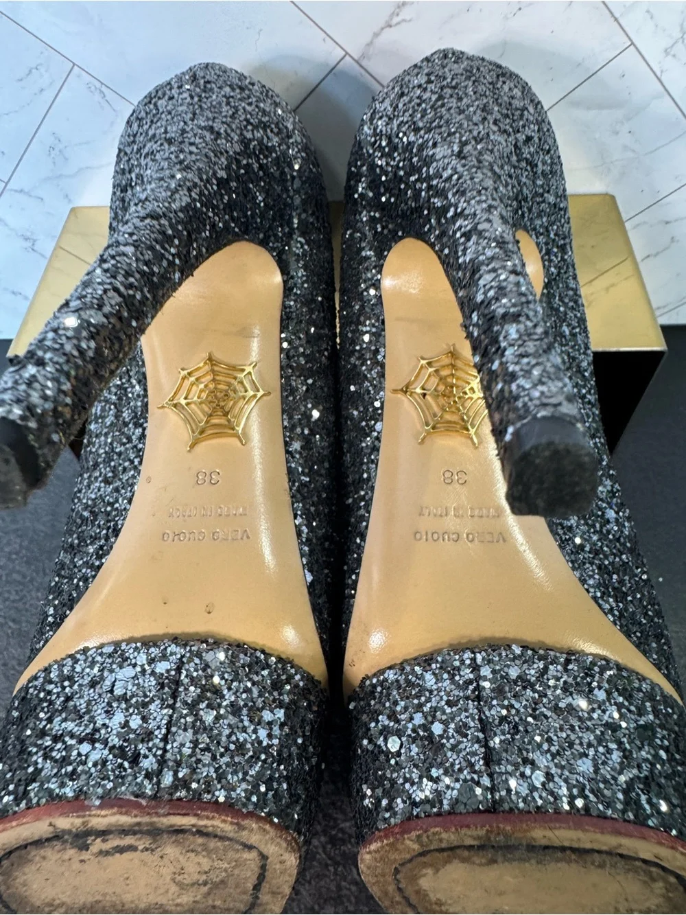 Charlotte Olympia Grey Glitter Dolly Platform Pumps Heels, Size 38